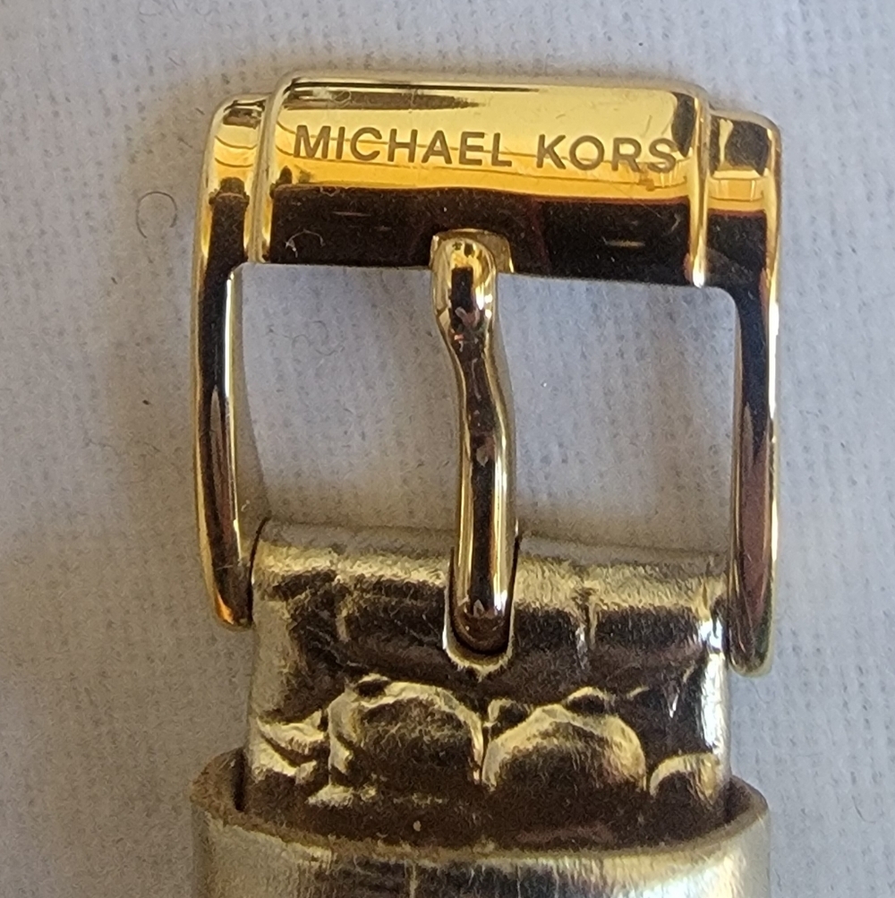 MICHAEL KORS GOLD Crystal Bezel Ladies Watch GOLD Leather Snake Strap Box $325 - Picture 8 of 13